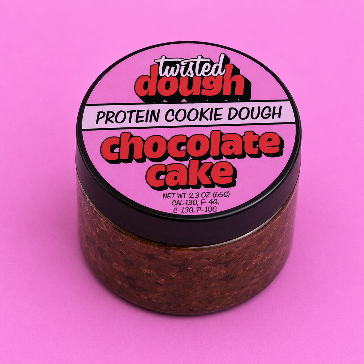 Jar of Twisted Dough Protein Cookie Dough Chocolate Cake flavor on a pink background