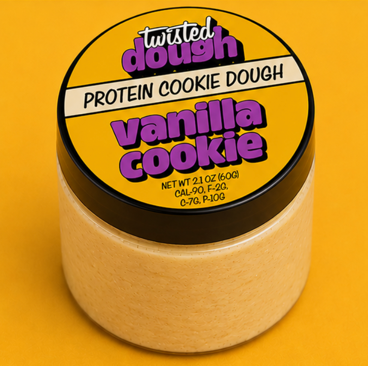 Jar of Twisted Dough Protein Cookie Dough Vanilla Cookie flavor on a yellow background