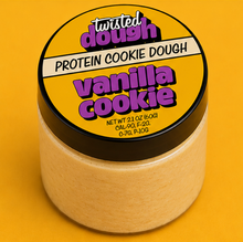 Load image into Gallery viewer, Jar of Twisted Dough Protein Cookie Dough Vanilla Cookie flavor on a yellow background