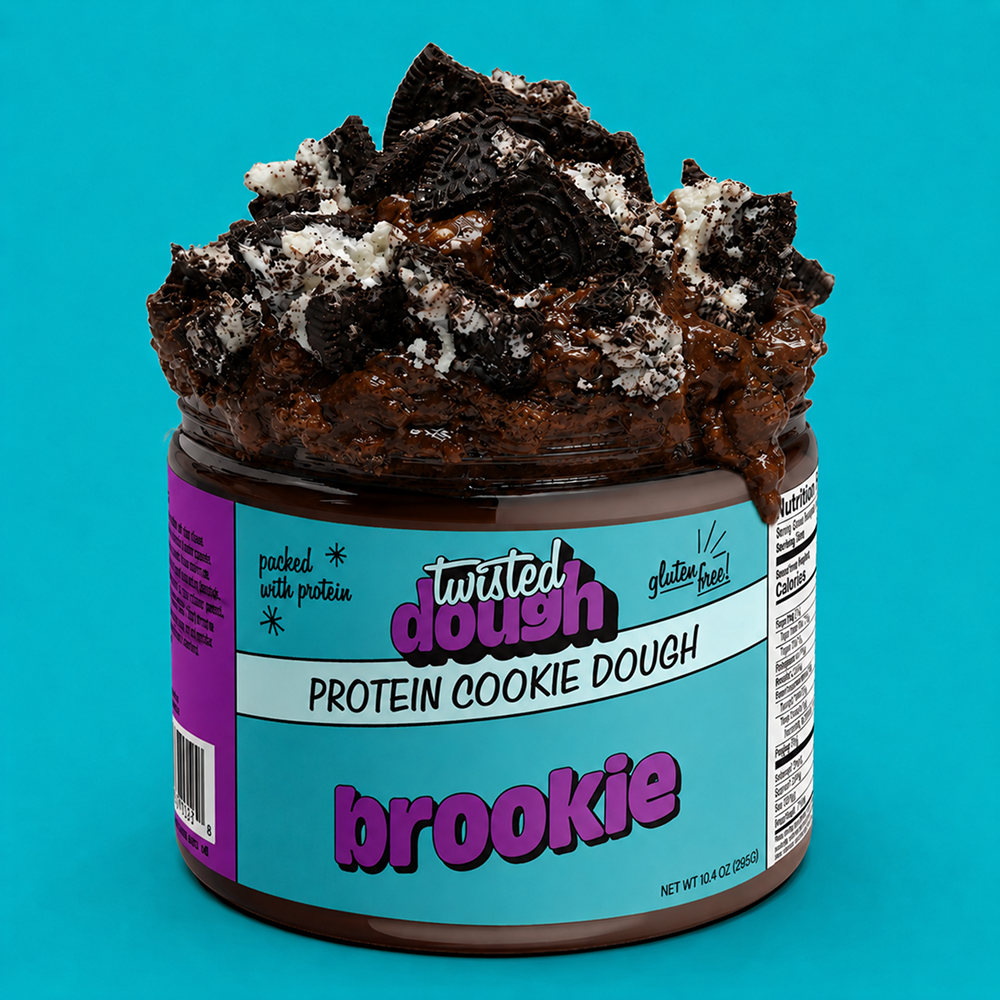 Jar of Twisted Dough Protein Cookie Dough with visible cookie pieces on a teal background