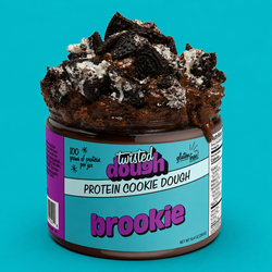 Jar of Twisted Dough Protein Cookie Dough with visible cookie pieces on a teal background