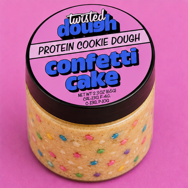 Jar of Twisted Dough Protein Cookie Dough Confetti Cake on a pink background