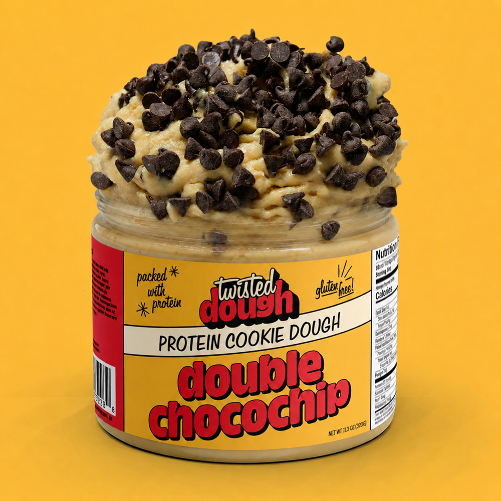 Jar of Twisted Dough Double Chocochip Protein Cookie Dough on a yellow background