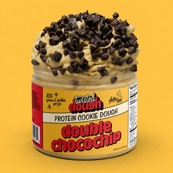 Jar of Twisted Dough Double Chocochip Protein Cookie Dough on a yellow background