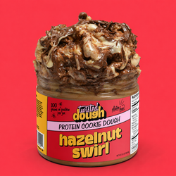 Jar of Twisted Dough Protein Cookie Dough with hazelnut swirl on a red background