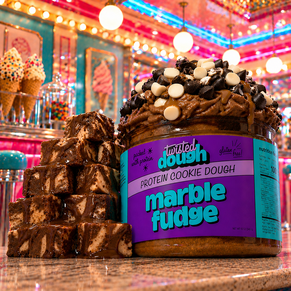 Jar of Twisted Dough Protein Cookie Dough Marble Fudge with cookie dough bars in front, colorful background.