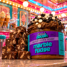 Load image into Gallery viewer, Jar of Twisted Dough Protein Cookie Dough Marble Fudge with cookie dough bars in front, colorful background.