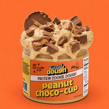 Load image into Gallery viewer, Jar of Twisted Dough Protein Cookie Dough with a scoop on an orange background