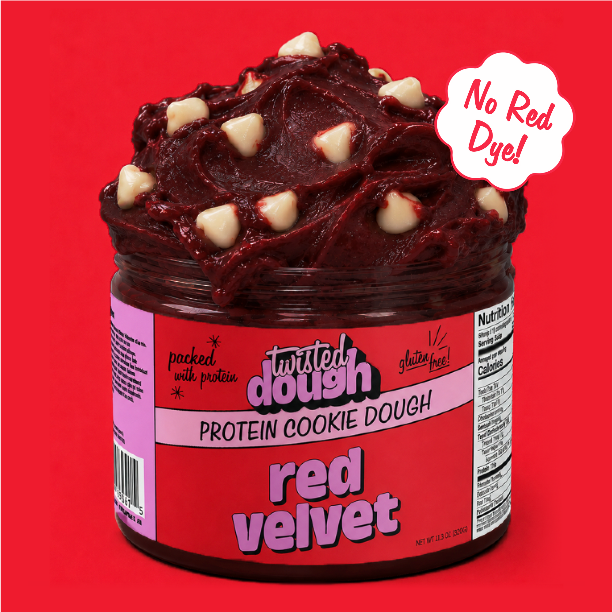 Jar of Twisted Dough Red Velvet Protein Cookie Dough on a red background