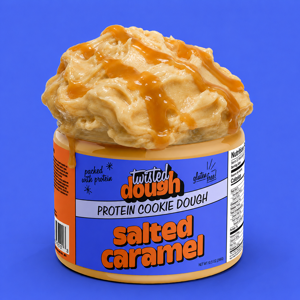 Jar of Twisted Dough Salted Caramel Protein Cookie Dough on a blue background