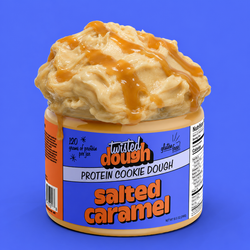 Jar of Twisted Dough Salted Caramel Protein Cookie Dough on a blue background
