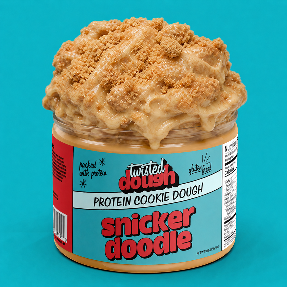 Jar of Twisted Dough Protein Cookie Dough Snickerdoodle on a teal background