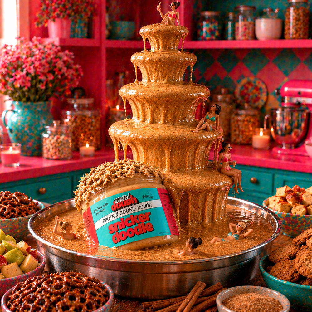 Chocolate fountain with Twix cookies and decorative elements in a colorful kitchen setting.
