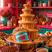 Load image into Gallery viewer, Chocolate fountain with Twix cookies and decorative elements in a colorful kitchen setting.