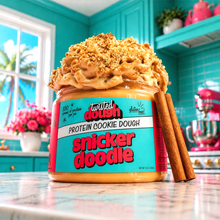 Load image into Gallery viewer, Jar of Twisted Dough Snickerdoodle Protein Cookie Dough with a cinnamon stick on a kitchen counter.