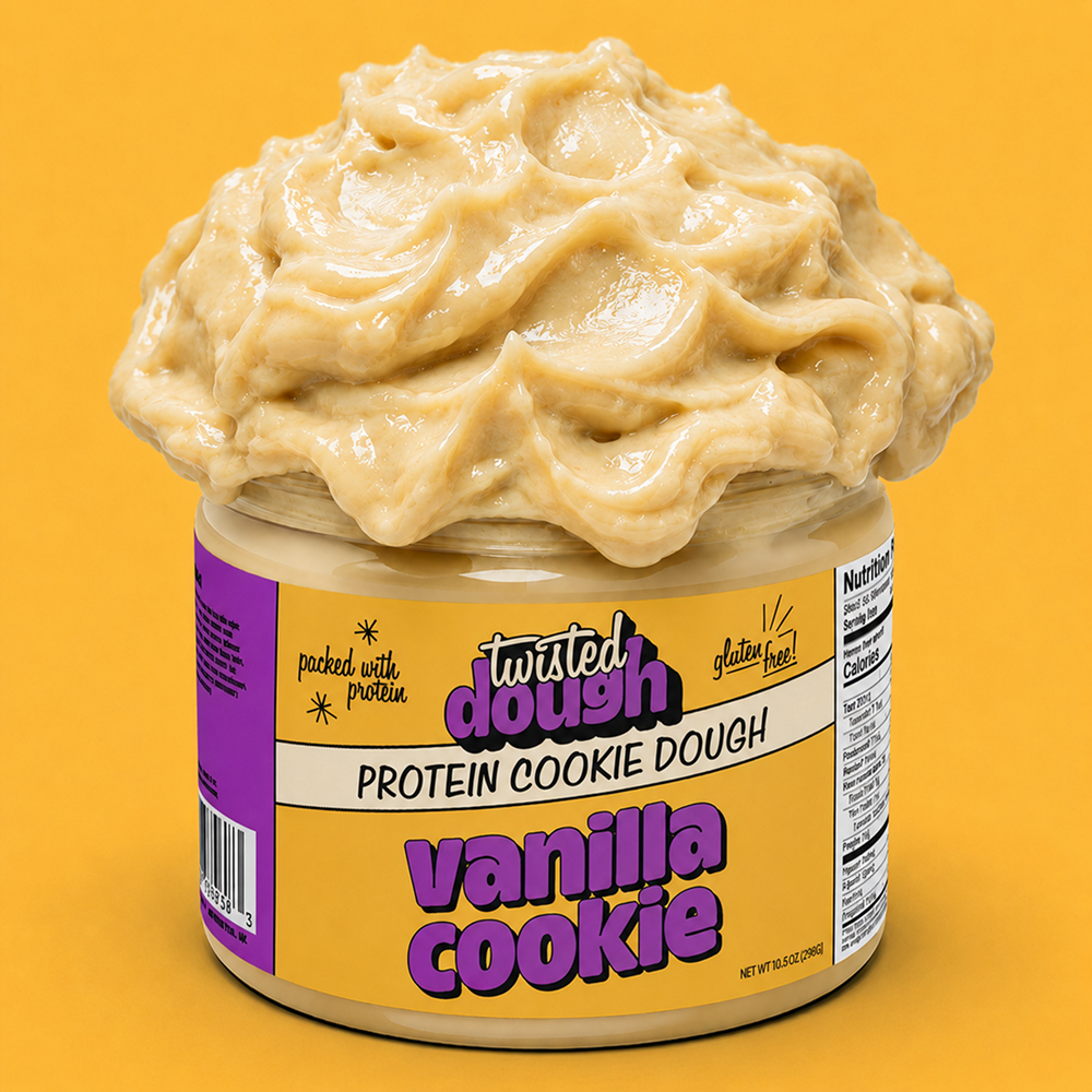 Jar of Twisted Dough Vanilla Cookie protein cookie dough on a yellow background