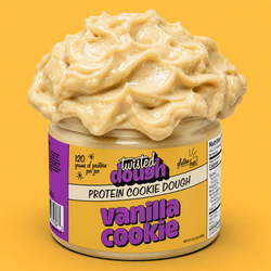 Jar of Twisted Dough Vanilla Cookie protein cookie dough on a yellow background